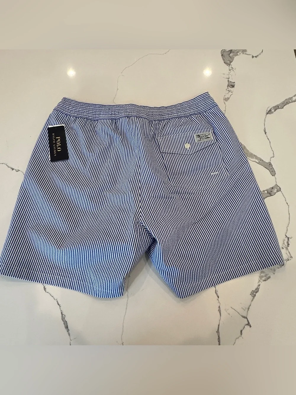 Polo Ralph Lauren Seersucker Swim Trunks Blue White Stripe Mesh Lined Large NWT